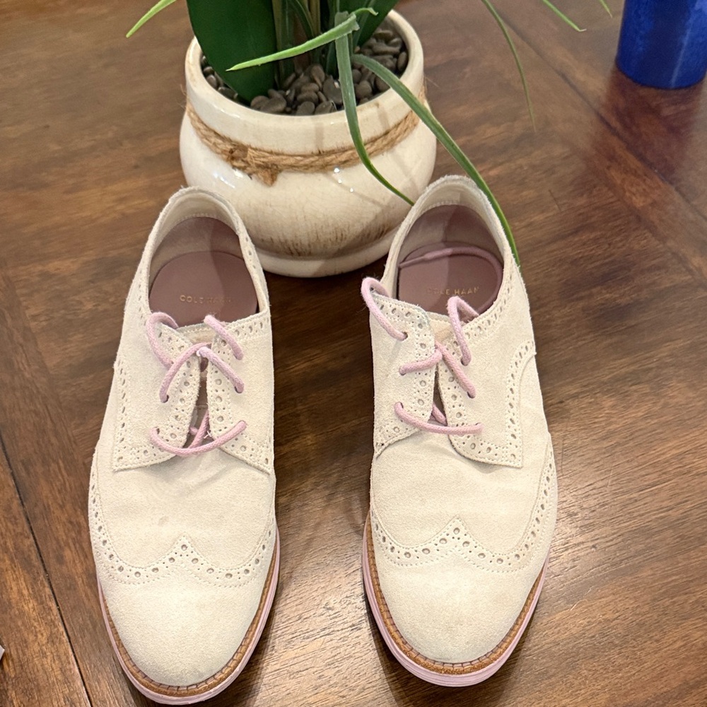 Cole Haan Cream Suede Wingtip Oxfords with Pink Laces